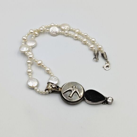 Mars And Valentine Sterling 925 Charcoal Druzy Sapphire Pearl Swallow Necklace - Picture 7 of 16